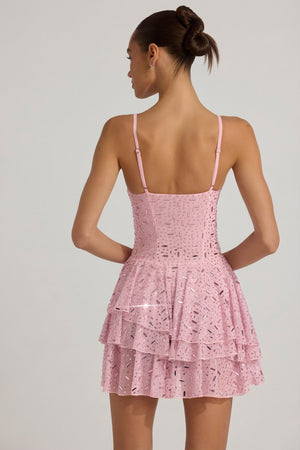 Embellished Ruffled Tiered Mini Dress in Pink