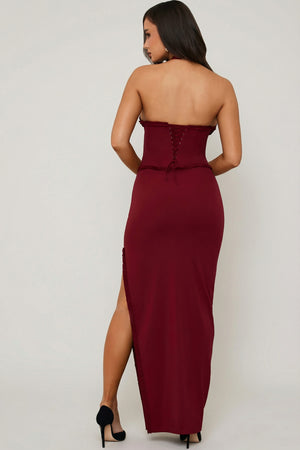 red lace corset dress Halterneck Lace-Up Corset Maxi Dress in Berry Red - 4