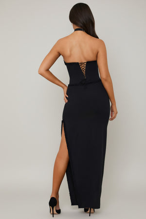 Halterneck Lace-Up Corset Maxi Dress in Black