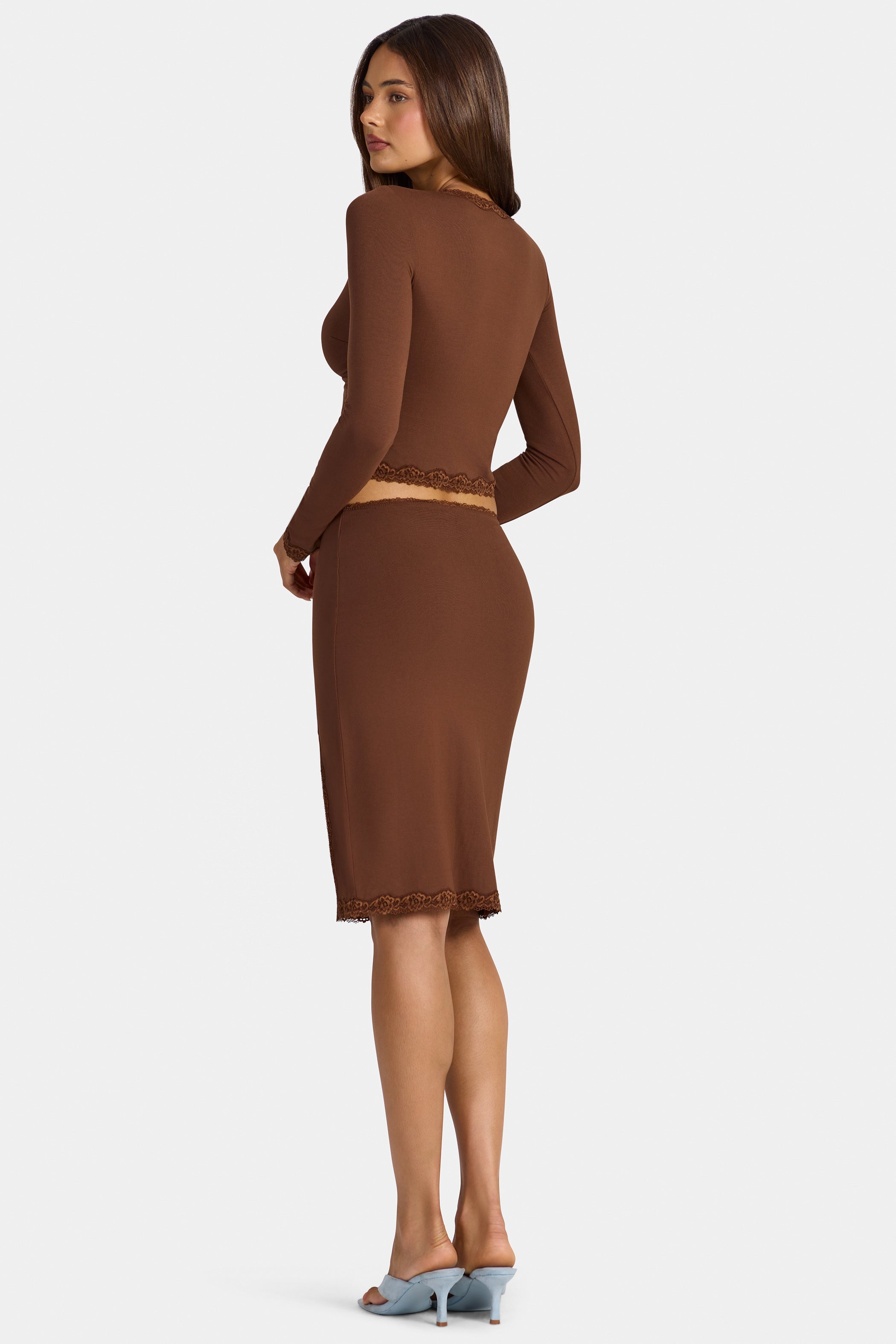 Modal Lace-Trim Mid-Rise Midi Skirt in Cocoa Brown