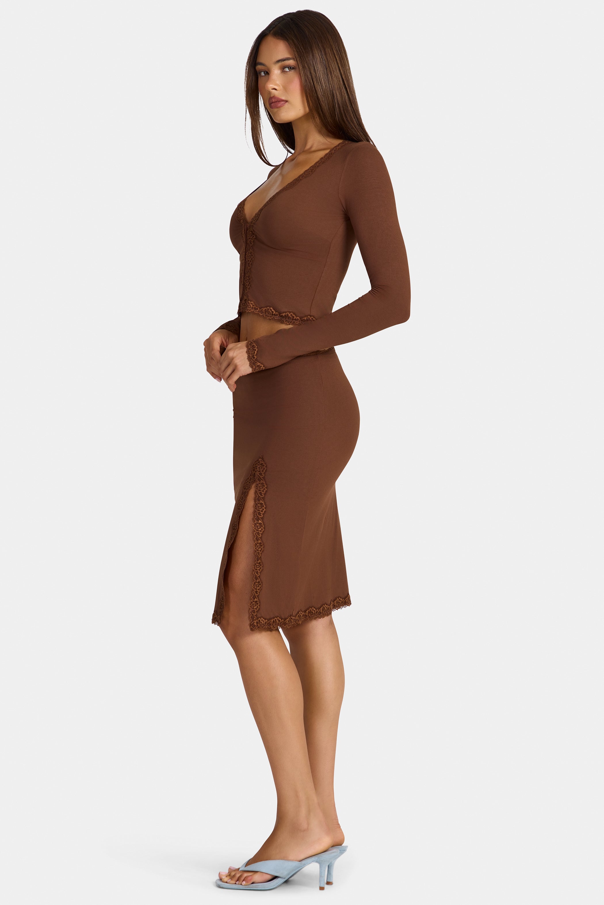 Modal Lace-Trim Mid-Rise Midi Skirt in Cocoa Brown