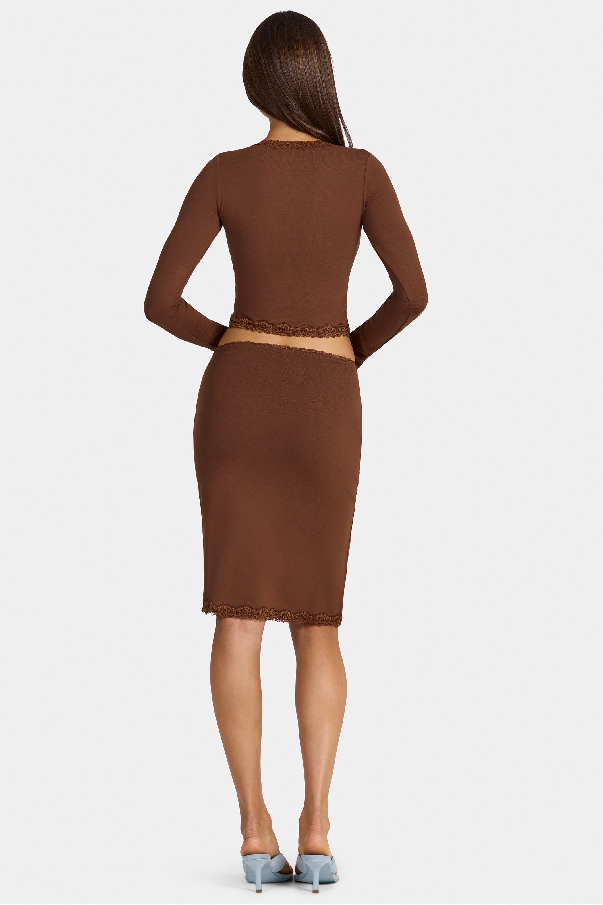 Modal Lace-Trim Mid-Rise Midi Skirt in Cocoa Brown