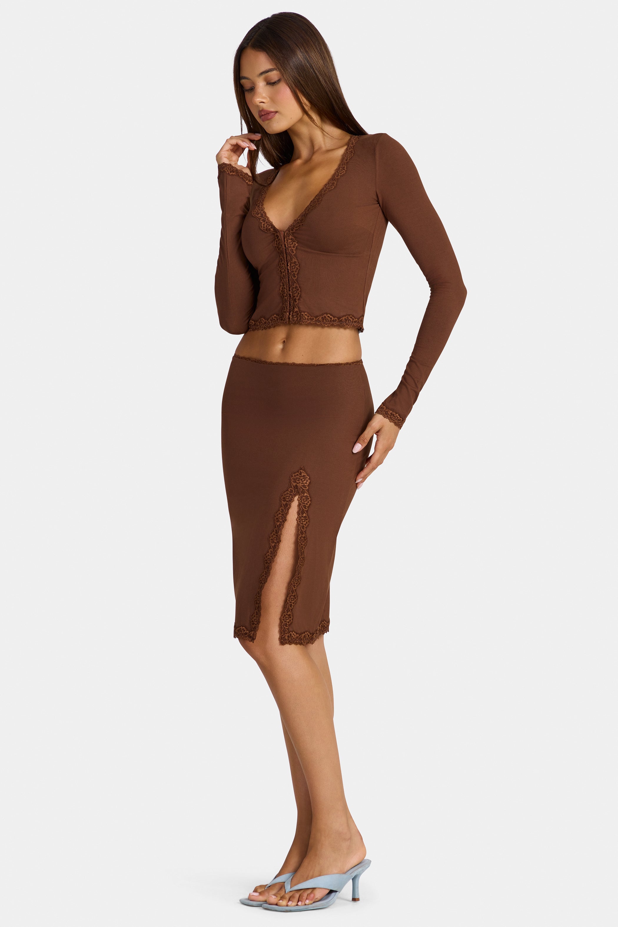 Modal Lace-Trim Mid-Rise Midi Skirt in Cocoa Brown