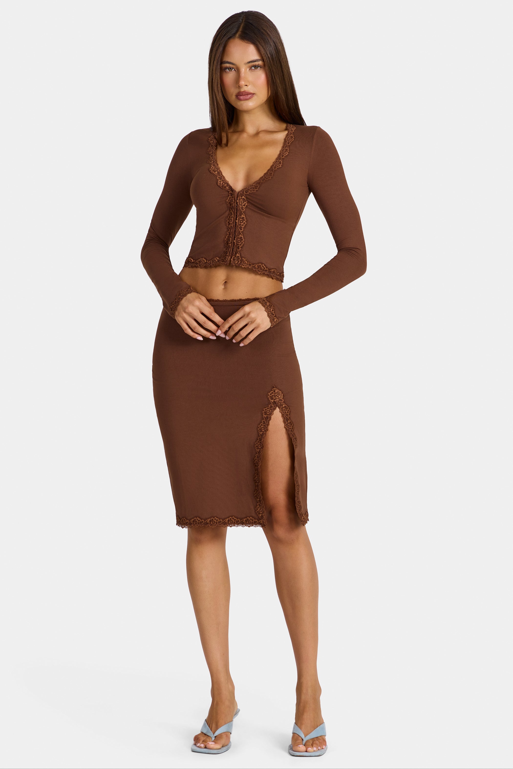 Modal Lace-Trim Mid-Rise Midi Skirt in Cocoa Brown
