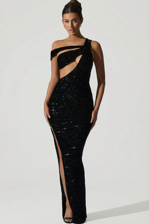 Embellished Asymmetric Cut-Out Gown in Black