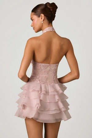 Embellished Ruffled Halterneck Mini Dress in Dusty Rose