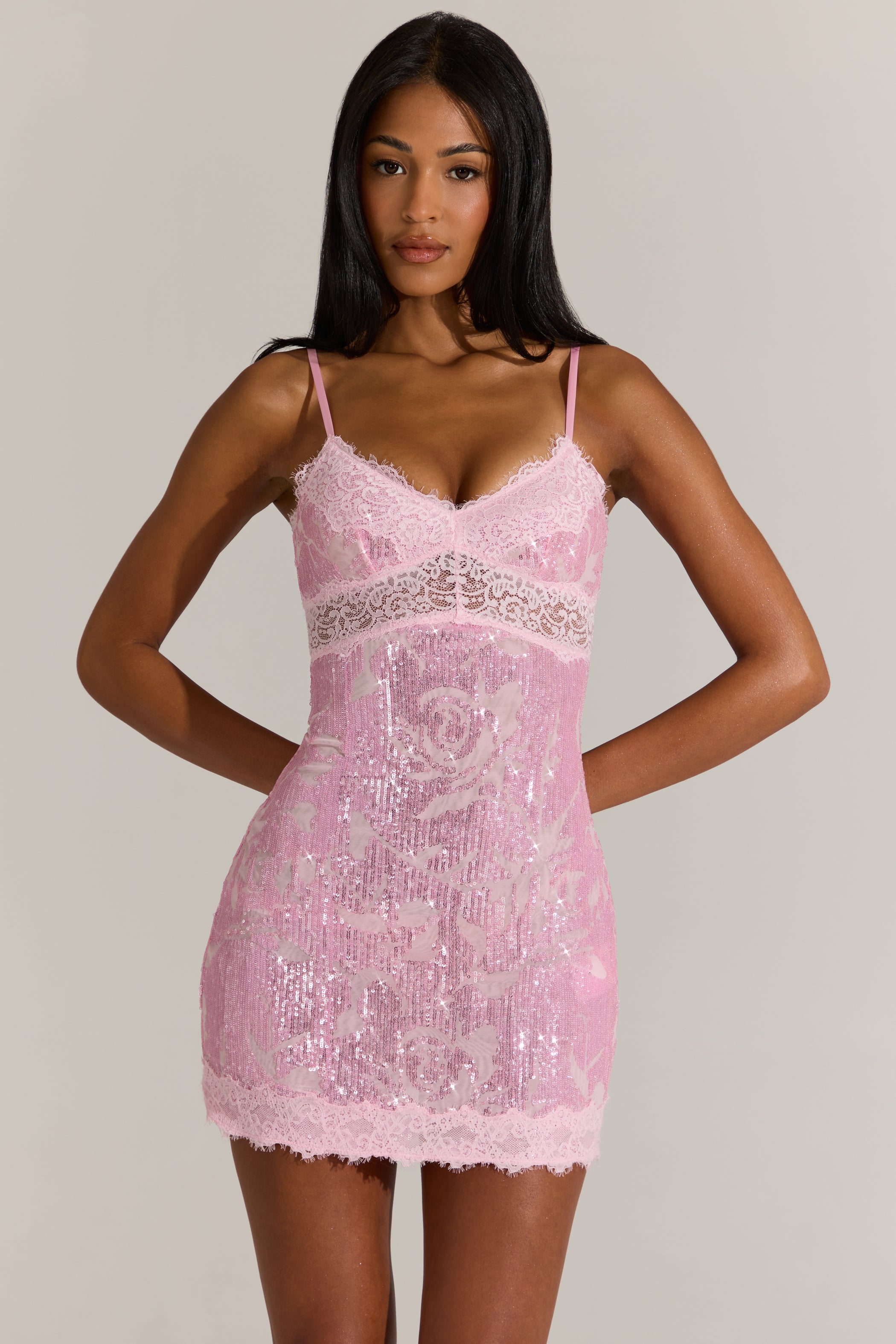 Embellished Lace-Trim Mini Dress in Blossom Pink