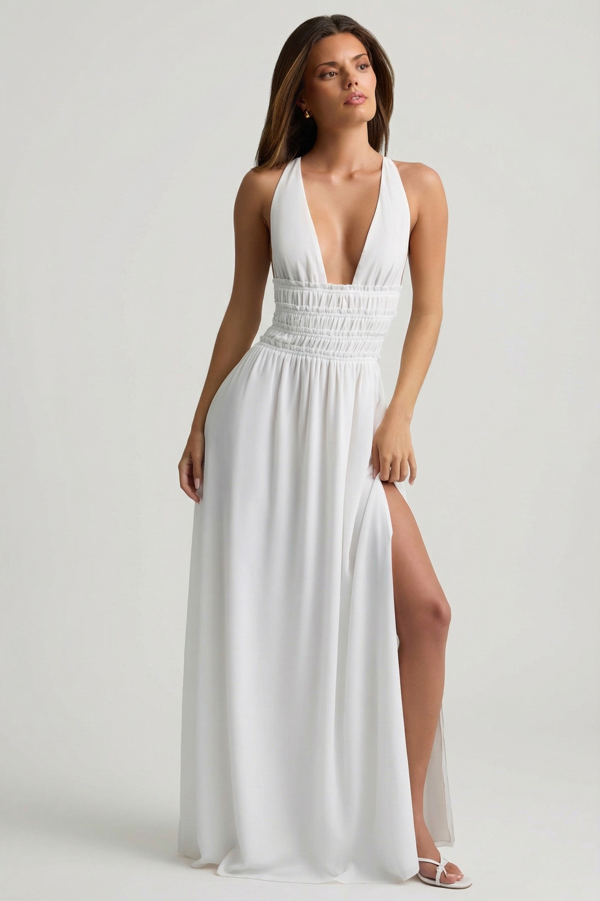Pryana Plunge Cross-Back Maxi Dress in White | Oh Polly – Oh Polly US