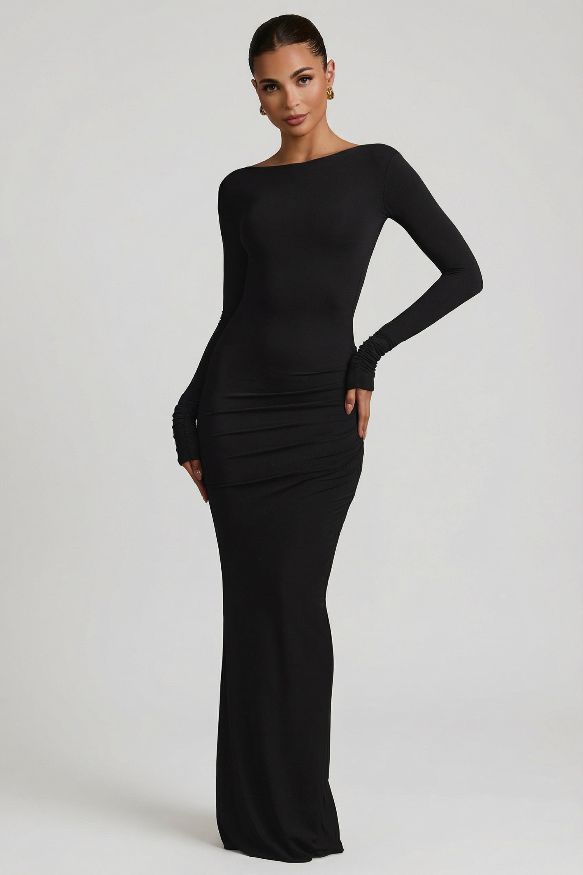 Regine Modal Ruched Backless Maxi Dress in Black | Oh Polly – Oh