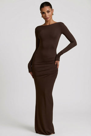 Modal Ruched backless maxi dress in chocolate brown - M | Oh Polly Modal Ruched backless maxi dress in chocolate brown - M | Oh Polly
