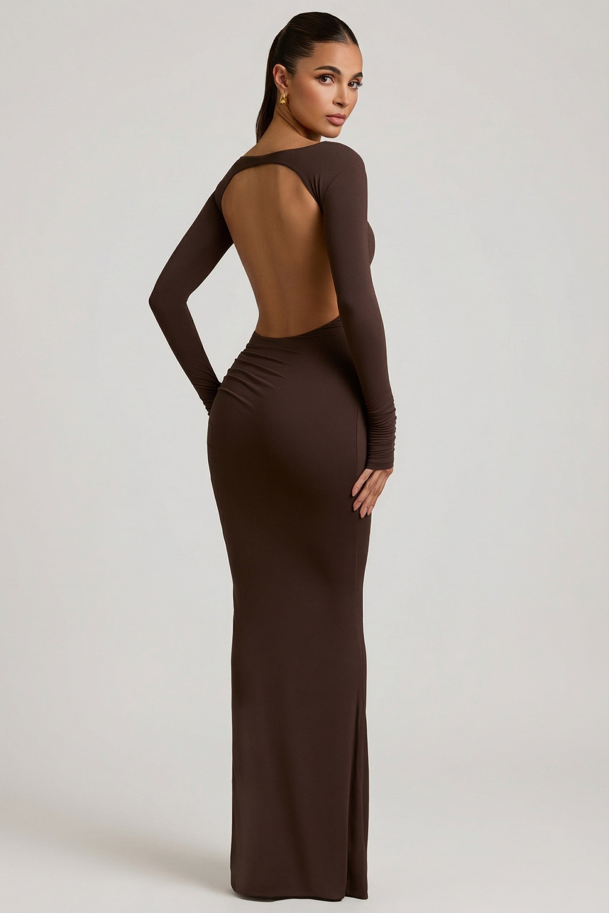 Modal Ruched backless maxi dress in chocolate brown - M