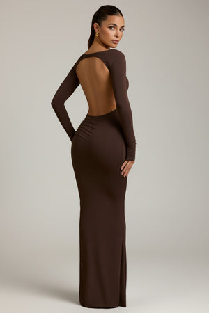 Modal Ruched Backless Maxi Dress in Chocolate Brown