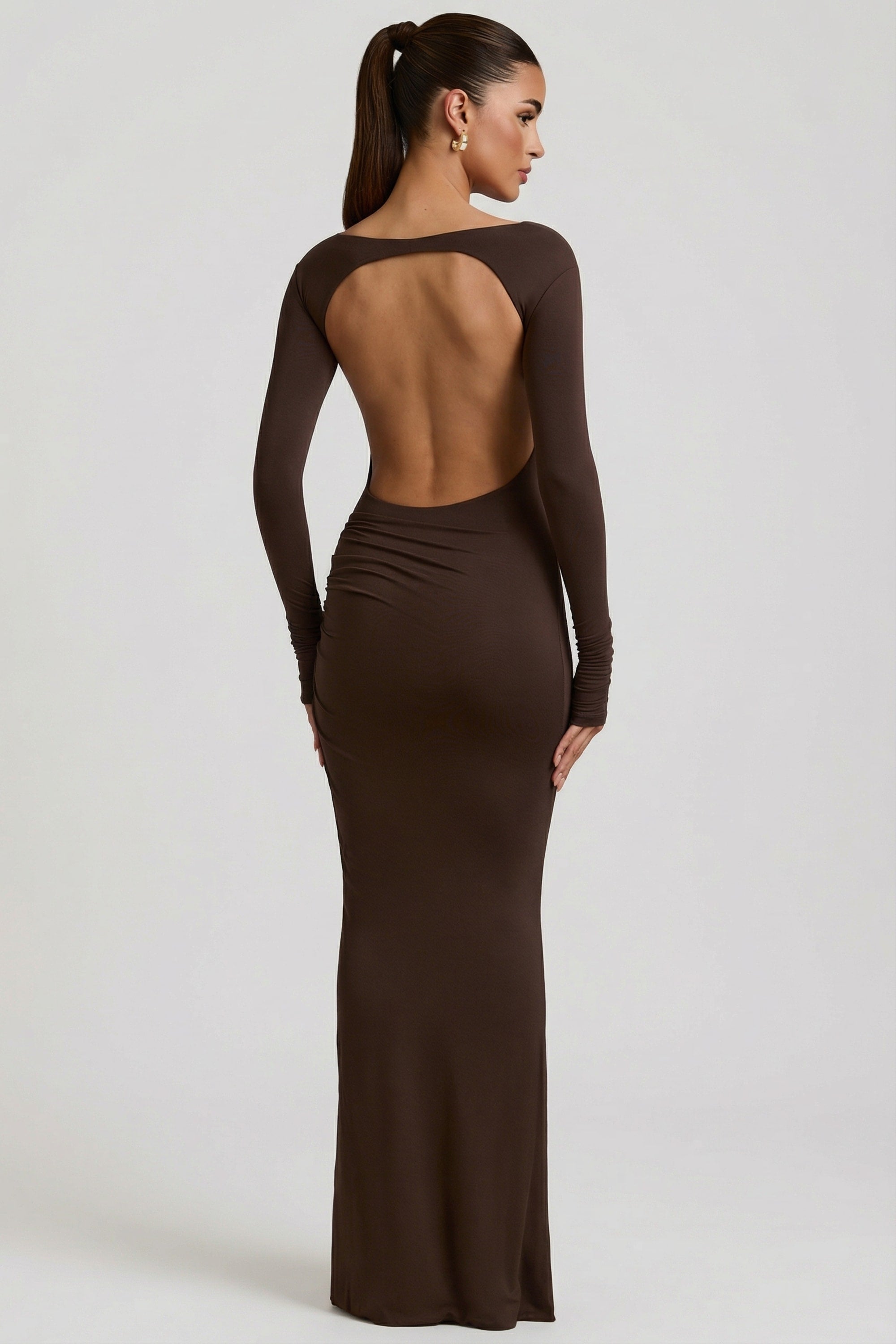 Modal Ruched backless maxi dress in chocolate brown - M