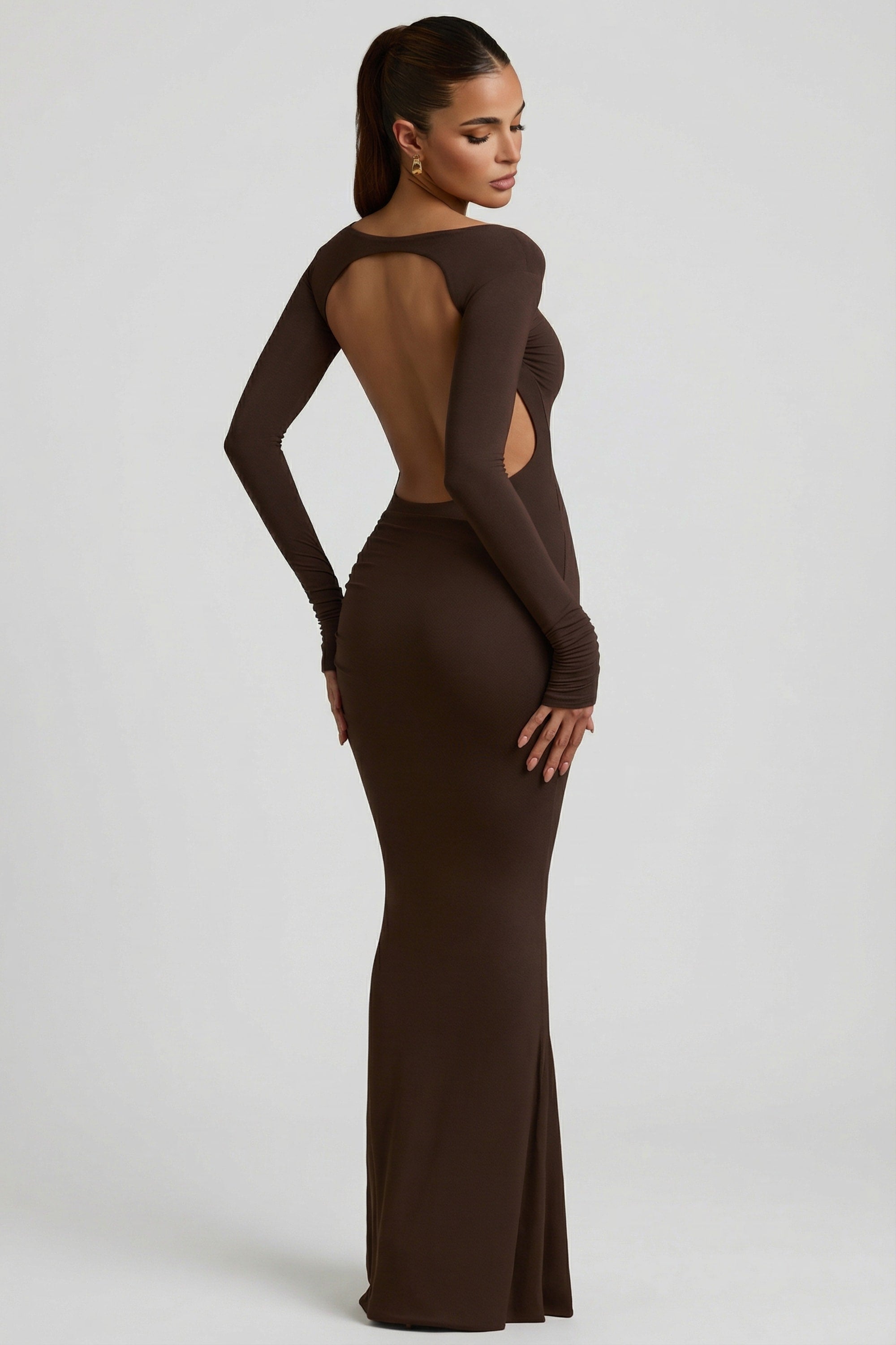Modal Ruched backless maxi dress in chocolate brown - M