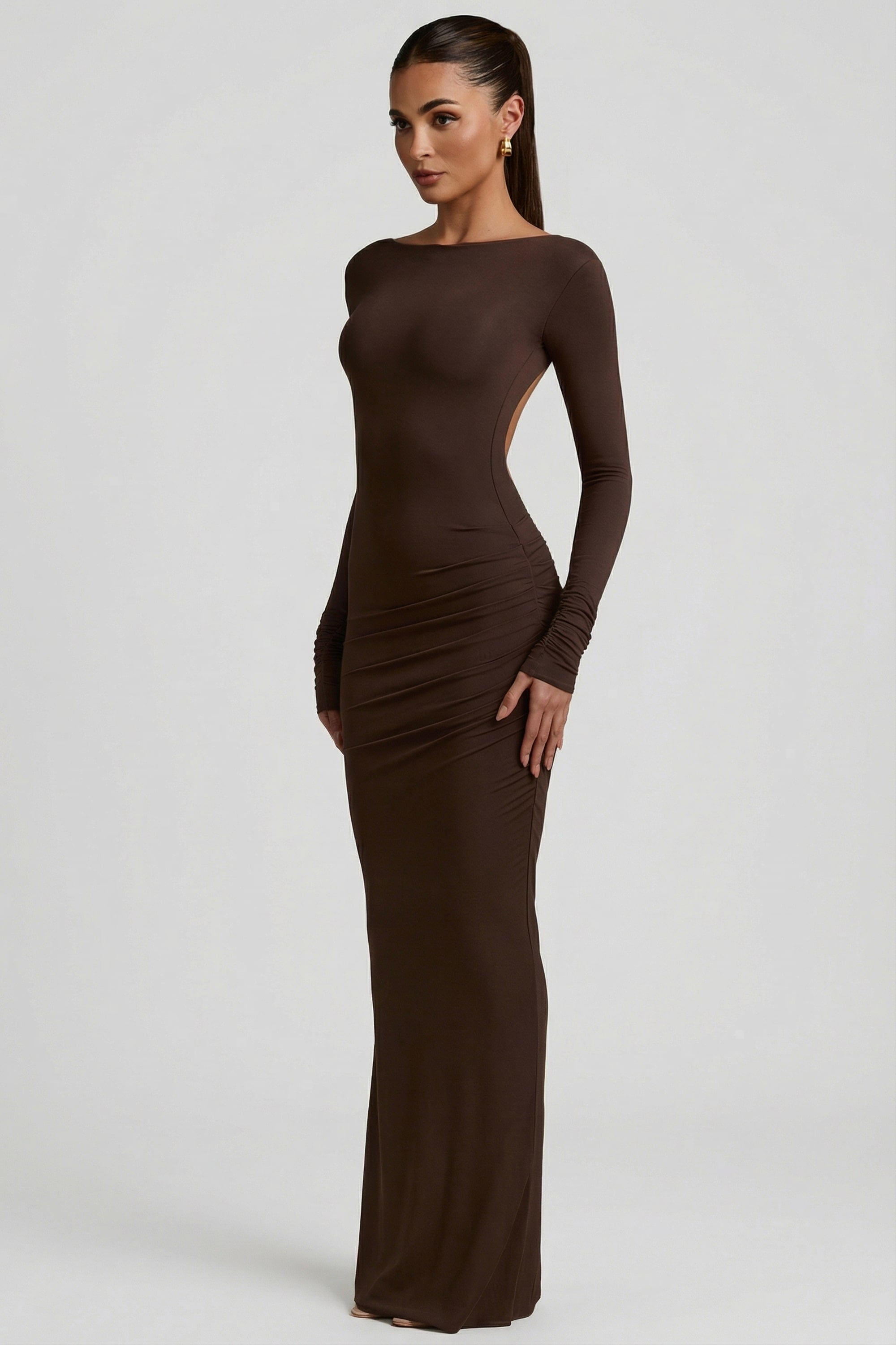 Modal Ruched backless maxi dress in chocolate brown - M