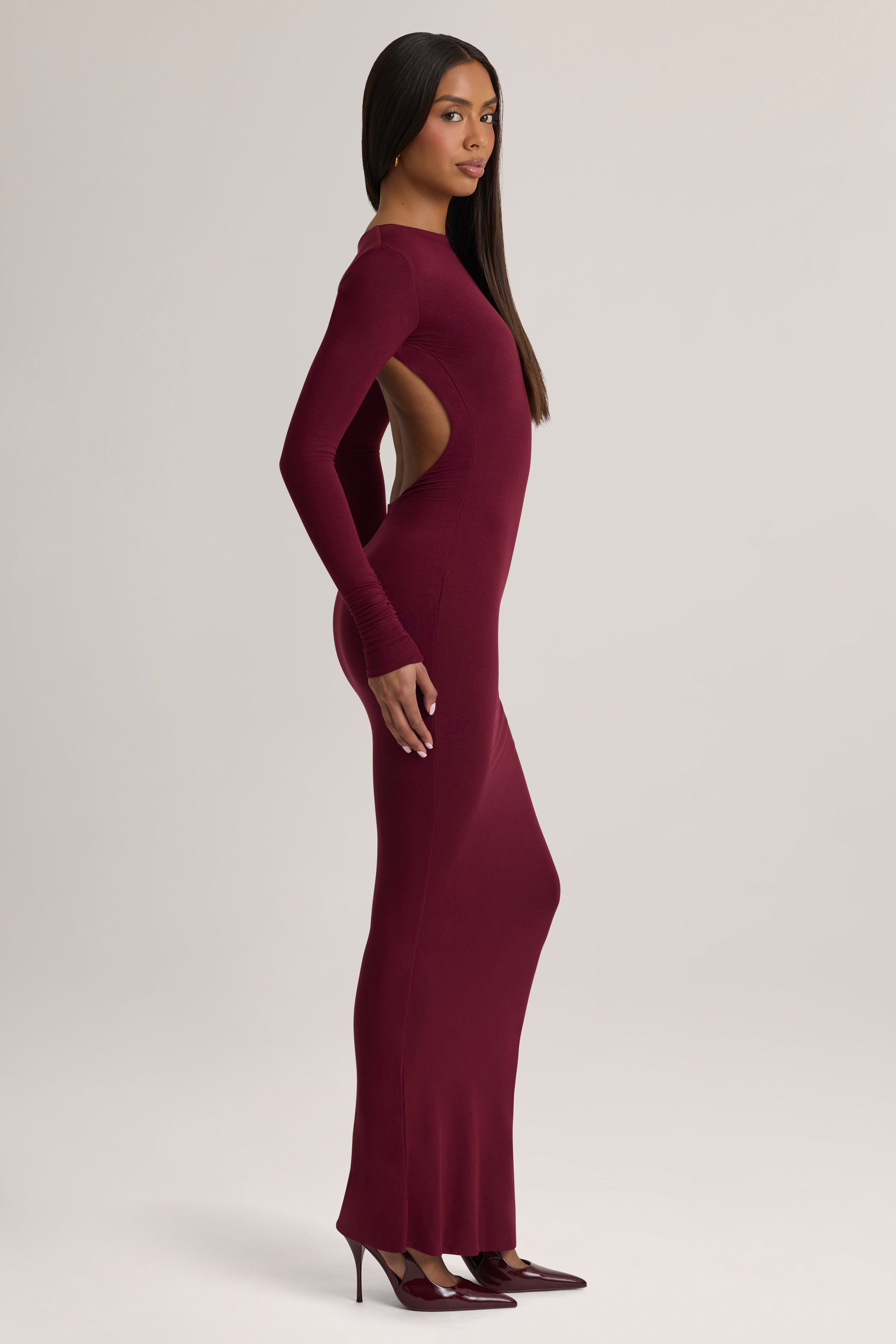 Regine Modal Ruched Backless Maxi Dress in Wine | Oh Polly – Oh