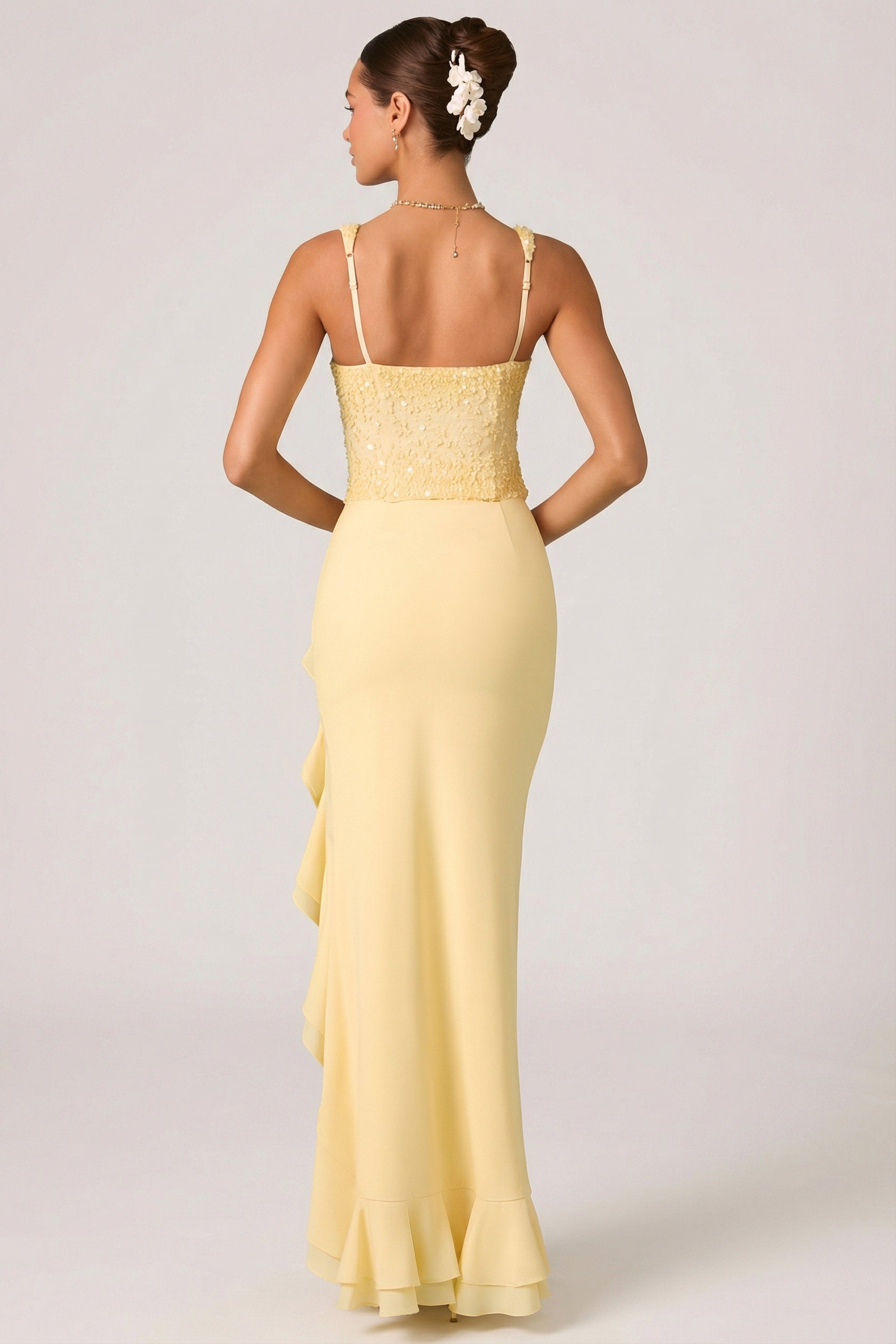 Embellished Ruffle-Trim Corset Gown in Yellow - 14