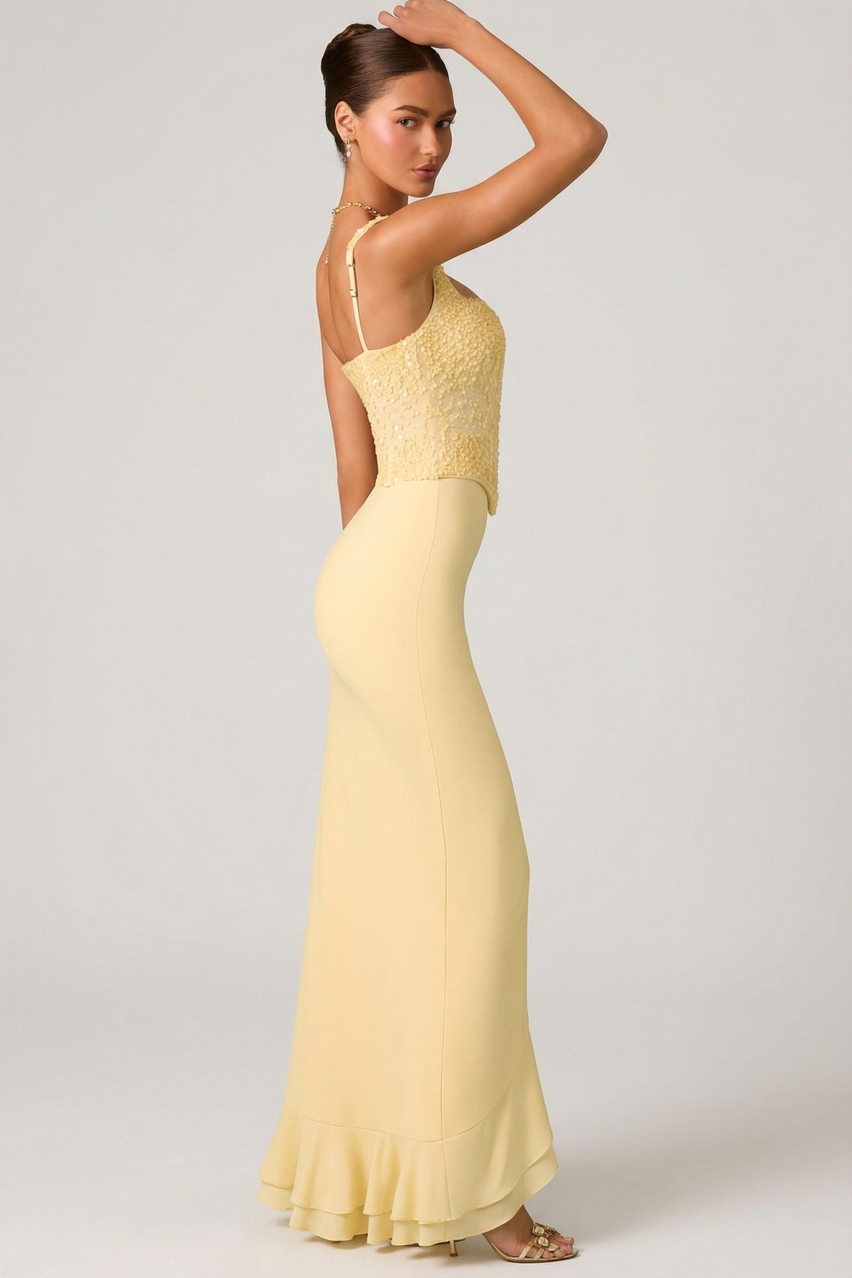 Embellished Ruffle-Trim Corset Gown in Yellow - 5