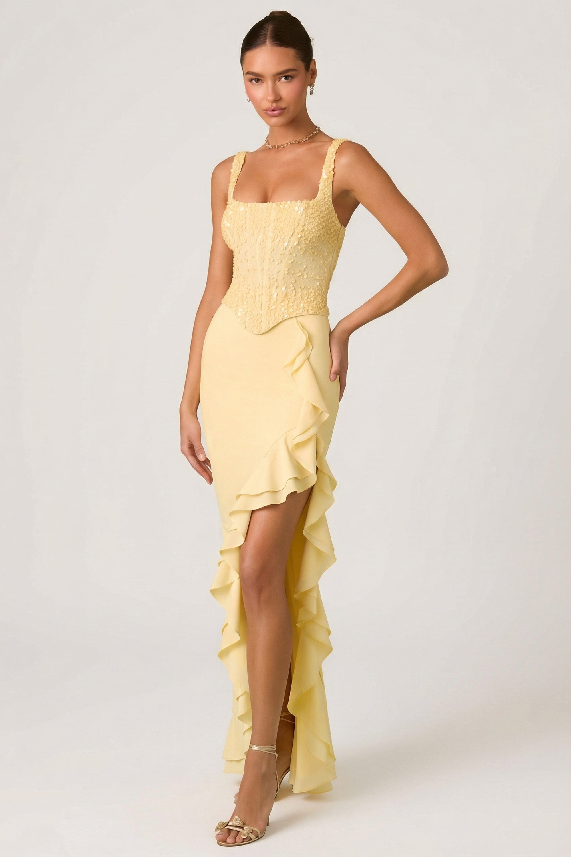 oh polly yellow dress floral never worn, currently artful design Ruffled Backless Halterneck Maxi Dress