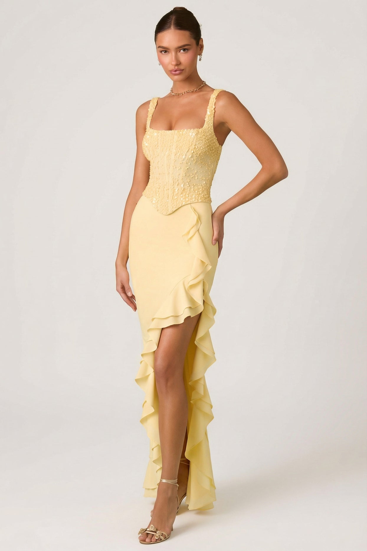Embellished Ruffle-Trim Corset Gown in Yellow - 9