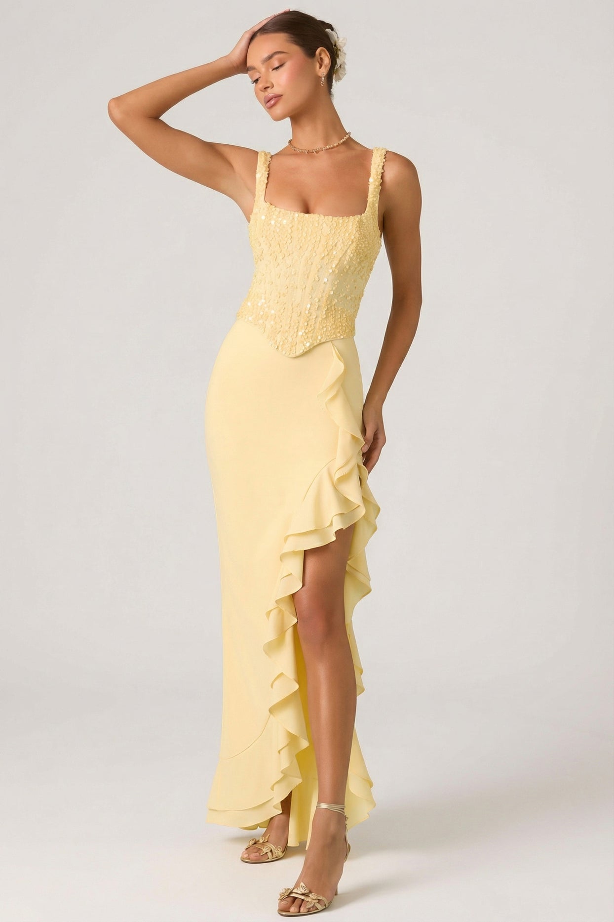 Embellished Ruffle-Trim Corset Gown in Yellow - 6