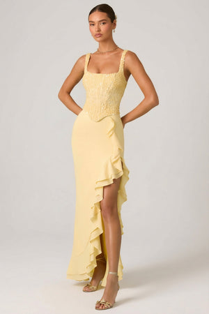 Robina Embellished Ruffle-Trim Corset Gown in Yellow | Oh Polly Robina Embellished Ruffle-Trim Corset Gown in Yellow | Oh Polly