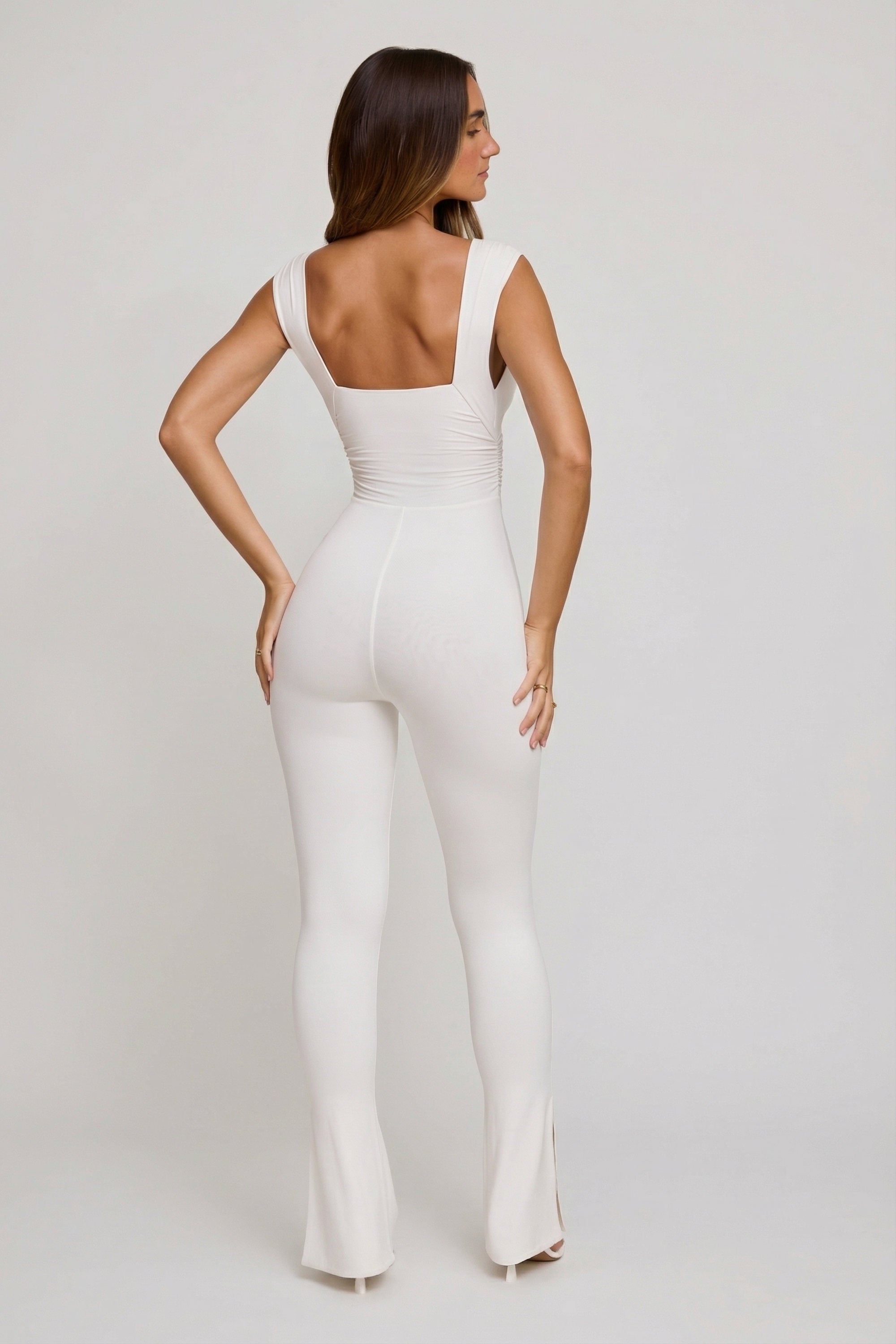 Romana Plunge Neck Ruched Waist Jumpsuit in White | Oh Polly