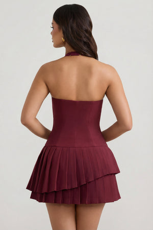 Asymmetric Layered Halterneck Mini Dress in Wine Red Asymmetric Layered Halterneck Mini Dress in Wine Red