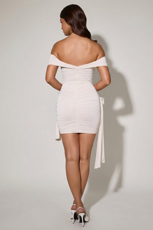 Floral-Detail Off-Shoulder Ruched Bodycon Mini Dress in Ivory - M | Oh Polly Floral-Detail Off-Shoulder Ruched Bodycon Mini Dress in Ivory - M | Oh Polly