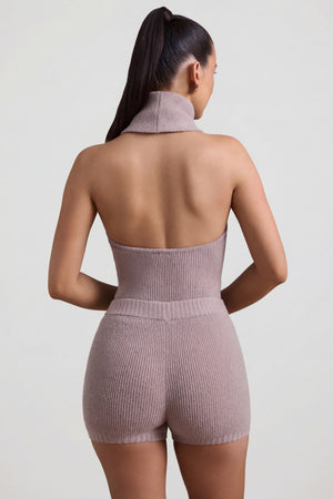 Oh Polly's Sarah wearing the Sabra Mini Shorts in Taupe Knitwear fabric perfect for brunch with friends