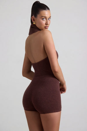 Oh Polly's Sarah wearing the Sabra Mini Shorts in Espresso Knitwear fabric perfect for summer beach days