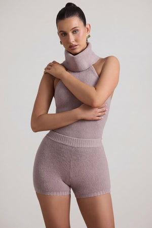 Oh Polly's Sarah wearing the Sabra Mini Shorts in Taupe Knitwear fabric perfect for relaxed coffee runs