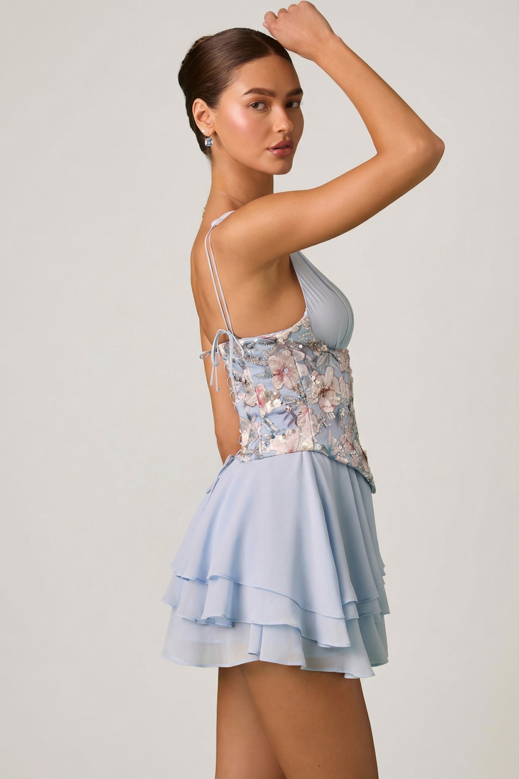 embellished Ruffled Corset Mini Dress in Floral Blue - 8