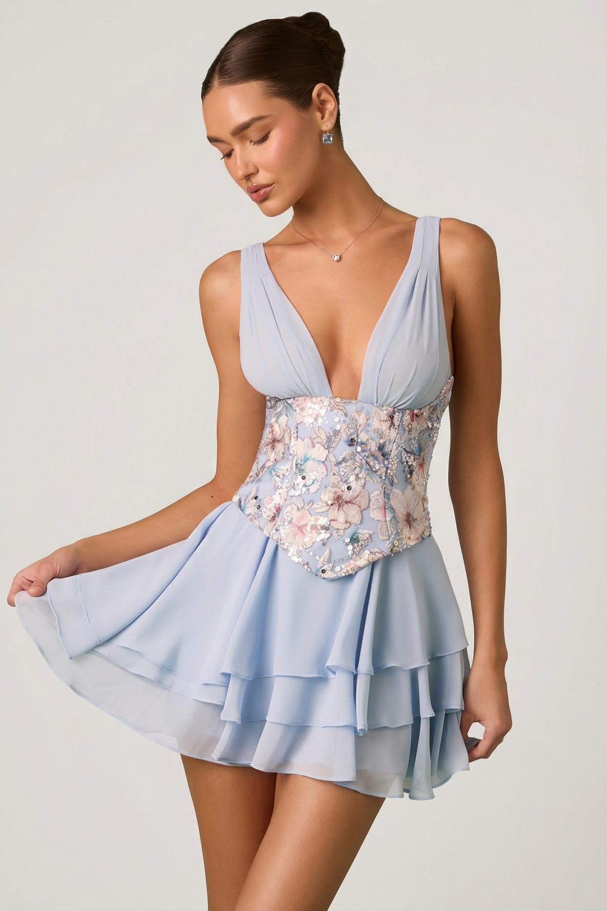 Embellished Ruffled Corset Mini Dress in Floral Blue - 7