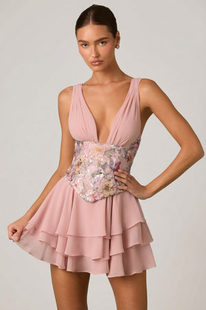 Sakura Embellished Ruffled Corset Mini Dress in Floral Pink | Oh Polly Sakura Embellished Ruffled Corset Mini Dress in Floral Pink | Oh Polly