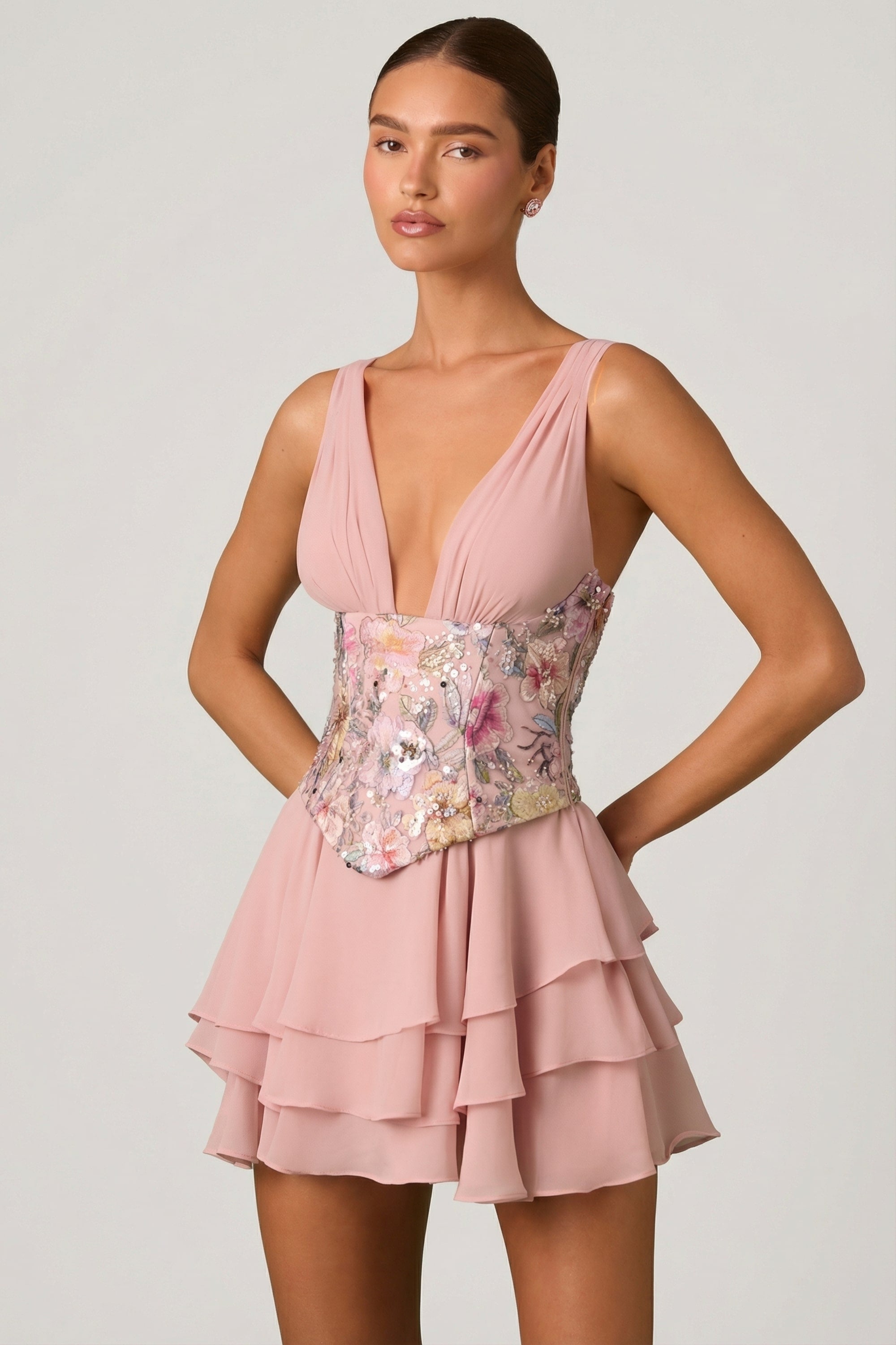 pink floral corset dress A-Line Blush Midi Cottagecore Blush Pink / XSmall cinched silhouette and includes a lace up back for adjustable comfort and a custom fit Embellished Ruffled Corset Mini Dress
