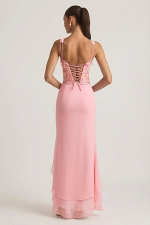 Embellished Plunge Ruffled Corset Maxi Dress in Pink
