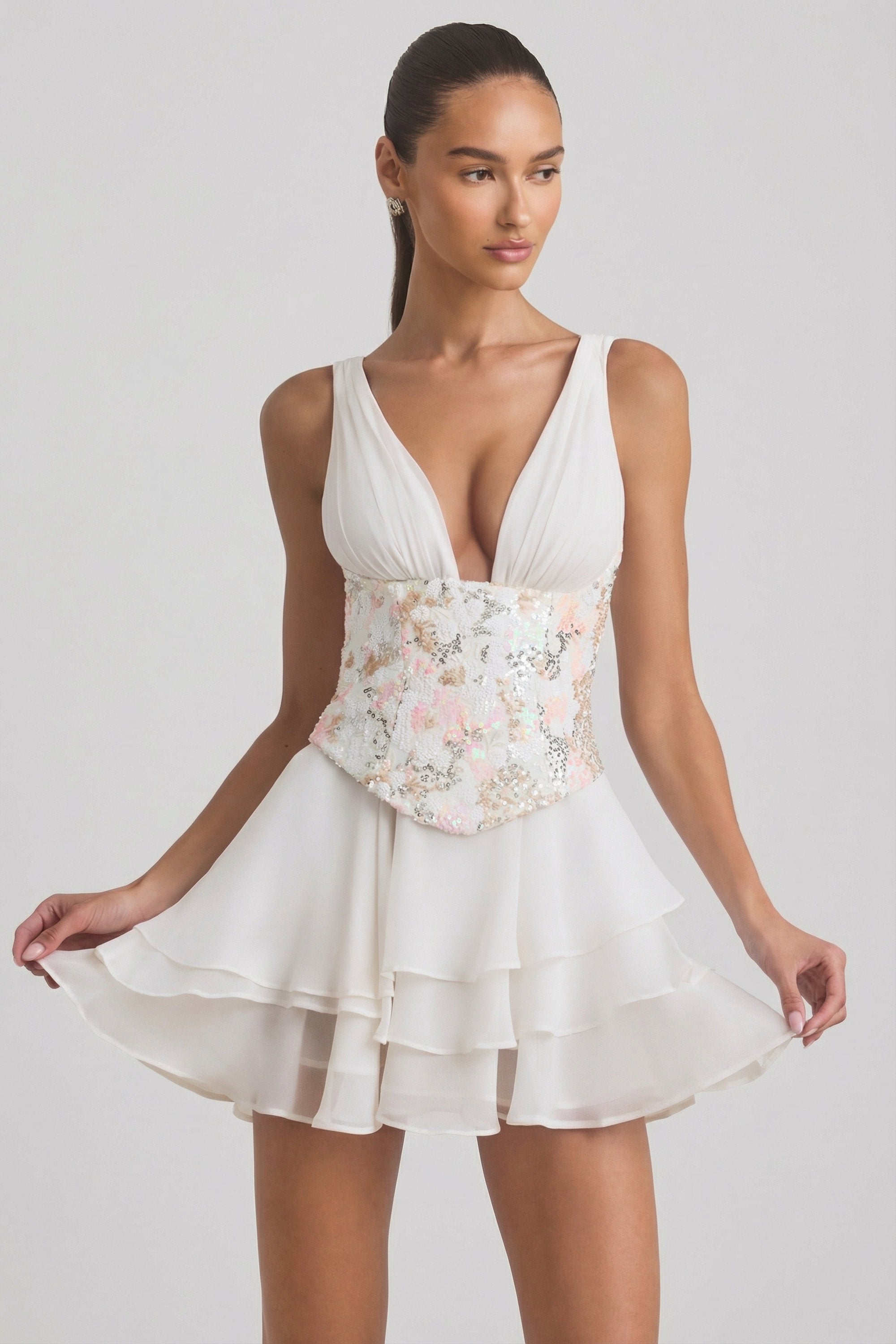 oh polly embellished corset mini dress Long Sleeve in Ivory Designed to turn heads Oh Polly embellished floral corset