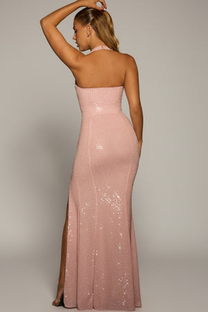 Oh Polly's Kara wearing the Sansel Gown Length Dress in Lavender Pink Sequin fabric perfect for evening gala