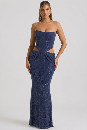 Oh Polly's Kara wearing the Saphira Gown Length Dress in Midnight Blue Sequin fabric perfect for wedding receptions