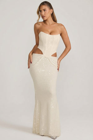 Saphira Embellished Cut-Out Draped Corset Gown in White | Oh Polly Saphira Embellished Cut-Out Draped Corset Gown in White | Oh Polly