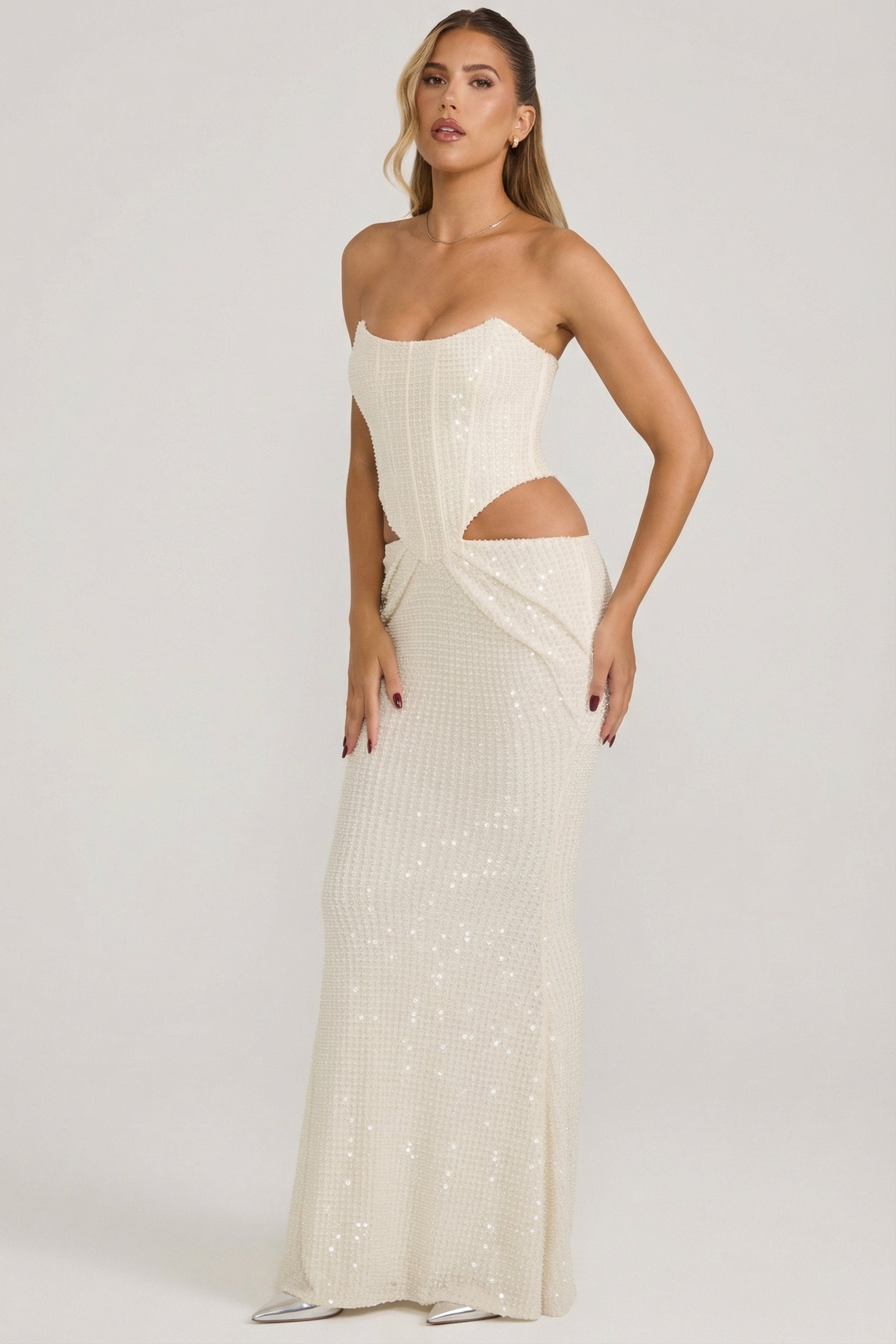 Embellished Cut-Out Draped Corset Gown in White - 6