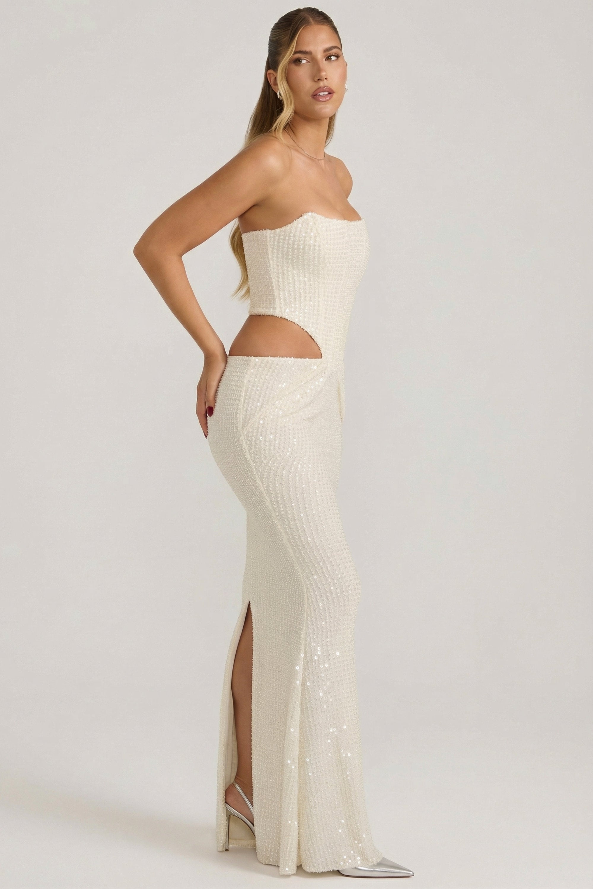 Embellished Cut-Out Draped Corset Gown in White - 6