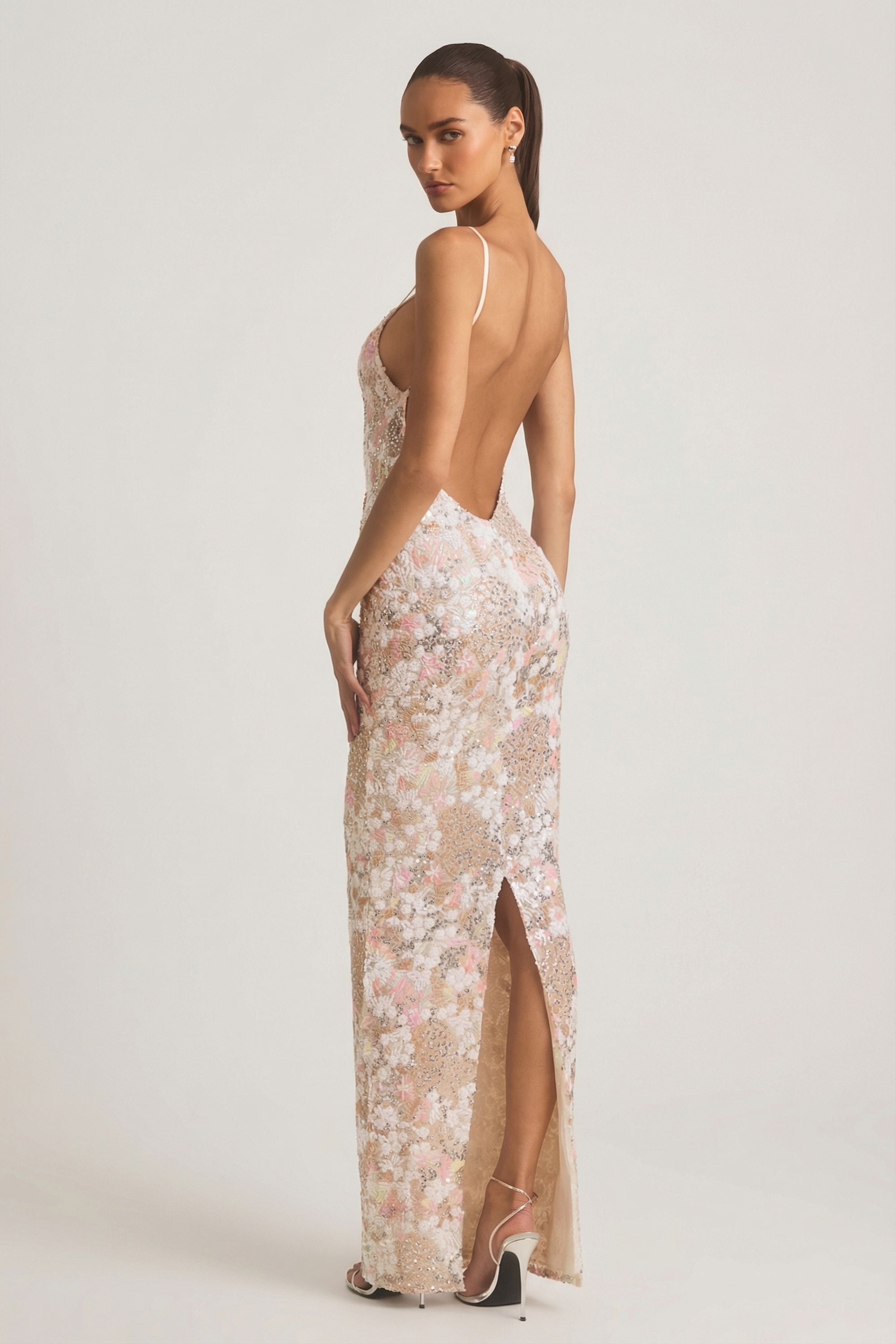 Embellished Scoop-Neck Backless Maxi Dress in Ivory - 10