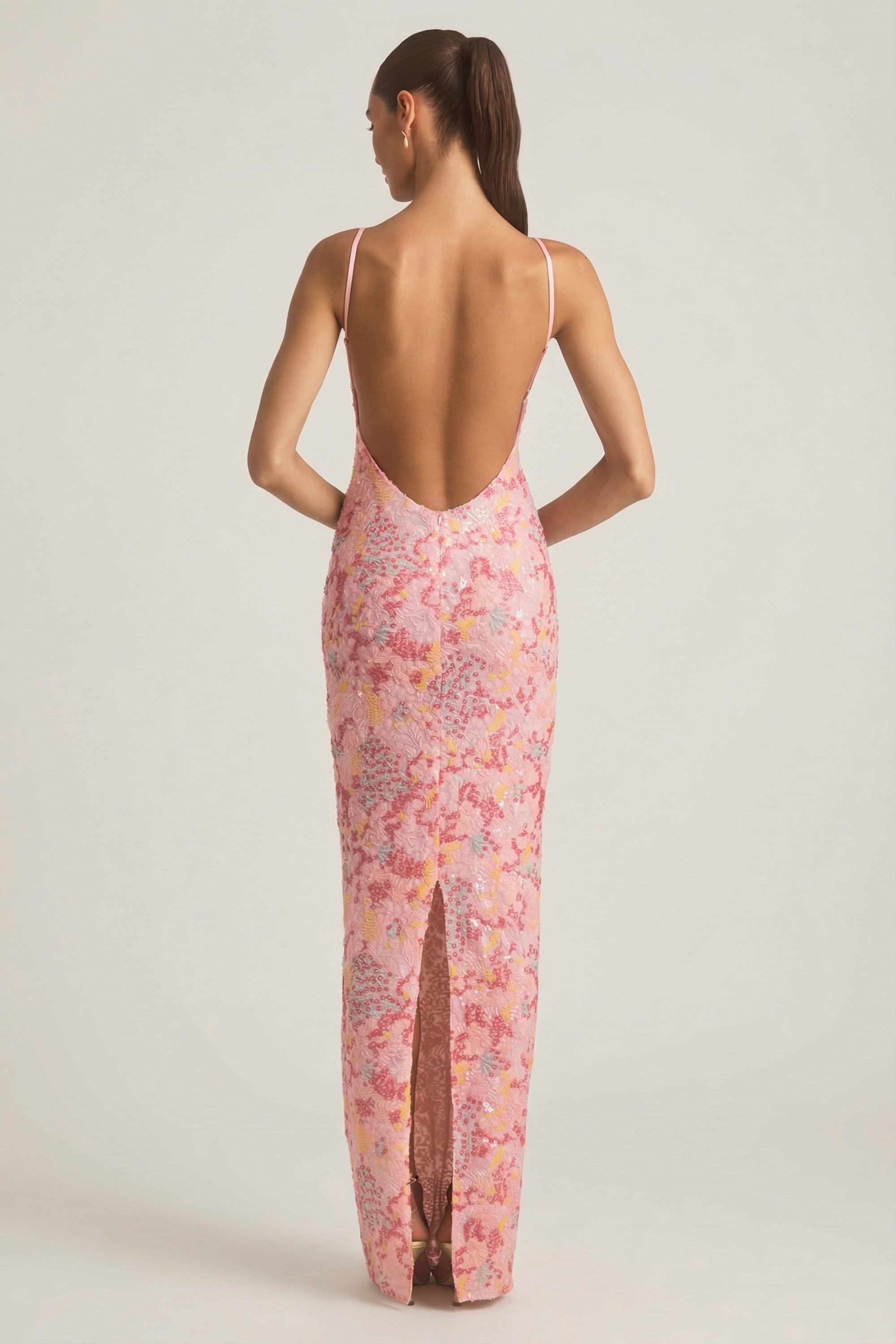 Tavira Embellished Scoop-Neck Backless Maxi Dress in Pink
