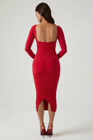 Deliana Layered Bra-Detail Ruched Midaxi Dress in Red | Oh Polly Deliana Layered Bra-Detail Ruched Midaxi Dress in Red | Oh Polly