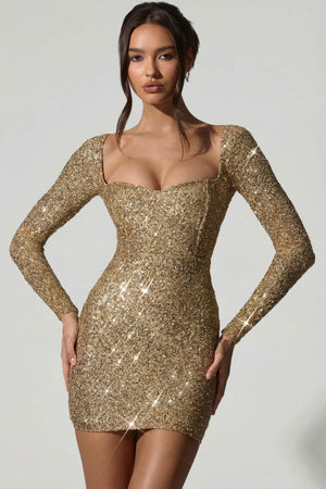 Embellished Sweetheart-Neck Mini Dress in Gold - 8 | Oh Polly Embellished Sweetheart-Neck Mini Dress in Gold - 8 | Oh Polly