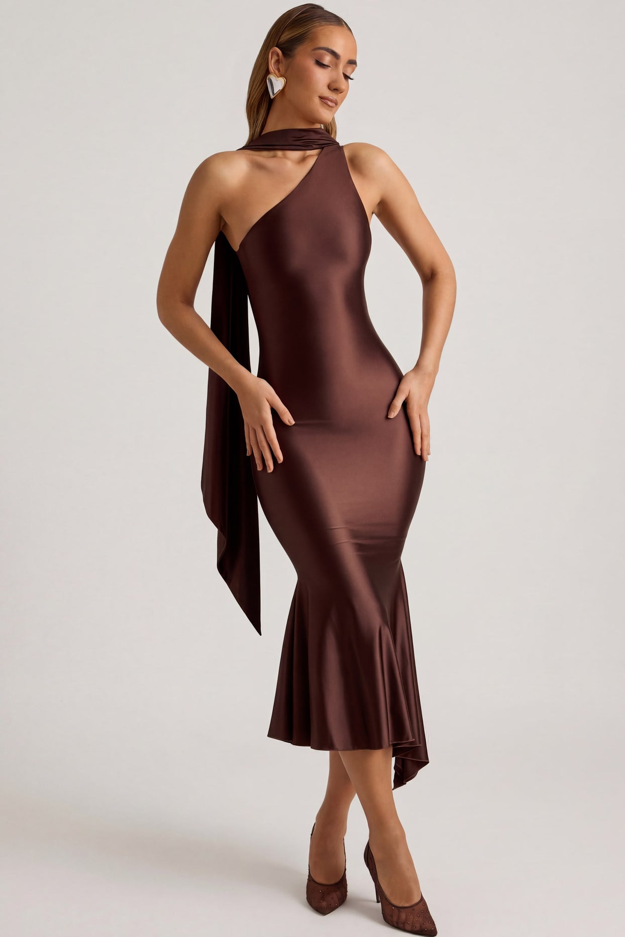 Asymmetric Scarf-Detail Midaxi Dress in Chocolate Brown - 1
