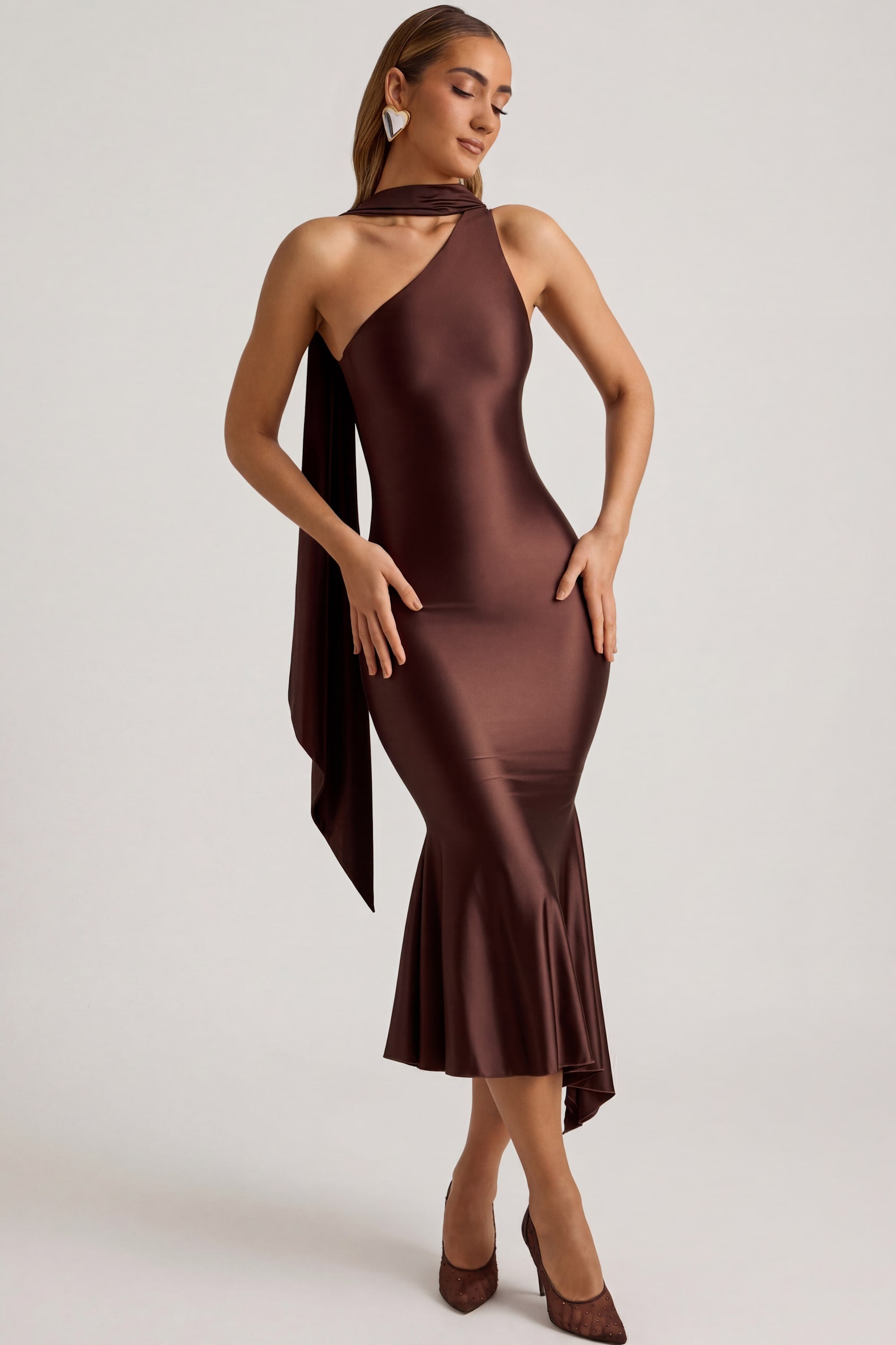 Asymmetric Scarf-Detail Midaxi Dress in Chocolate Brown - 2