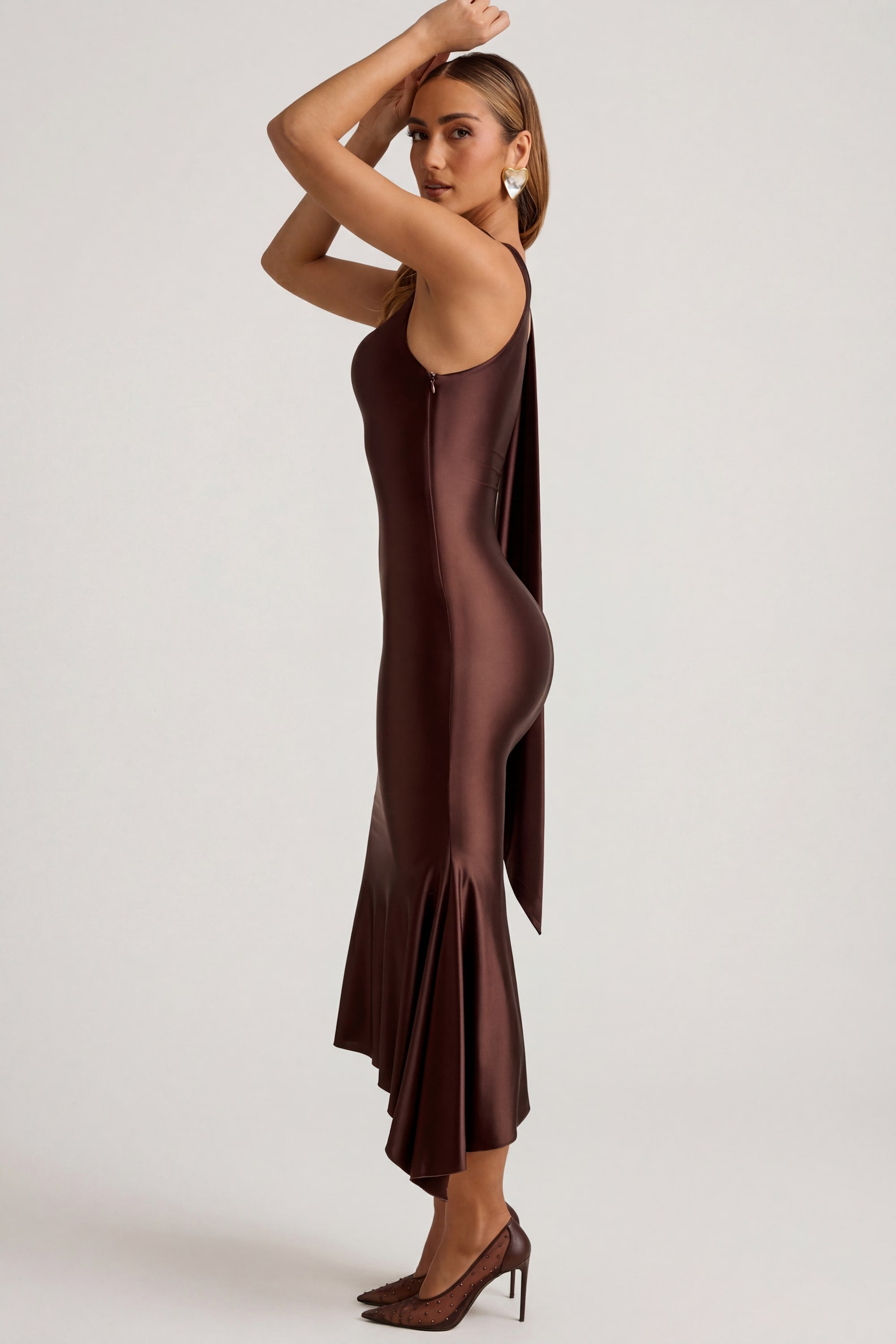 Asymmetric Scarf-Detail Midaxi Dress in Chocolate Brown - 6